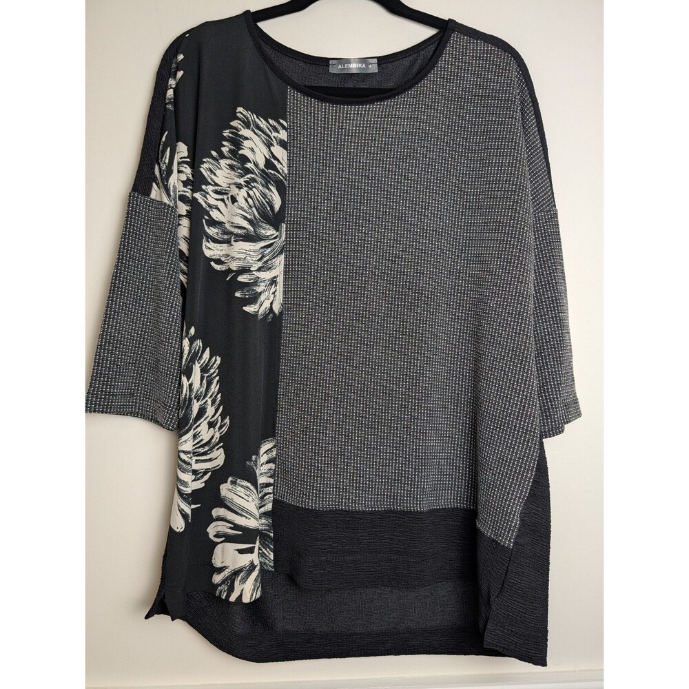 Alembika Womens Top Tunic Black Colorblock Mixed Pattern Lagenlook Artsy Size M